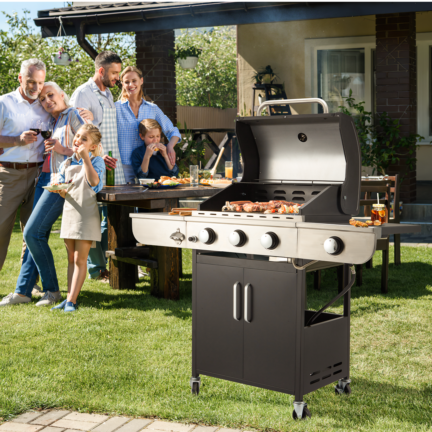 Yoleny 3 Burner BBQ Propane Gas Grill BTU Stainless Steel with Stove and Side Table