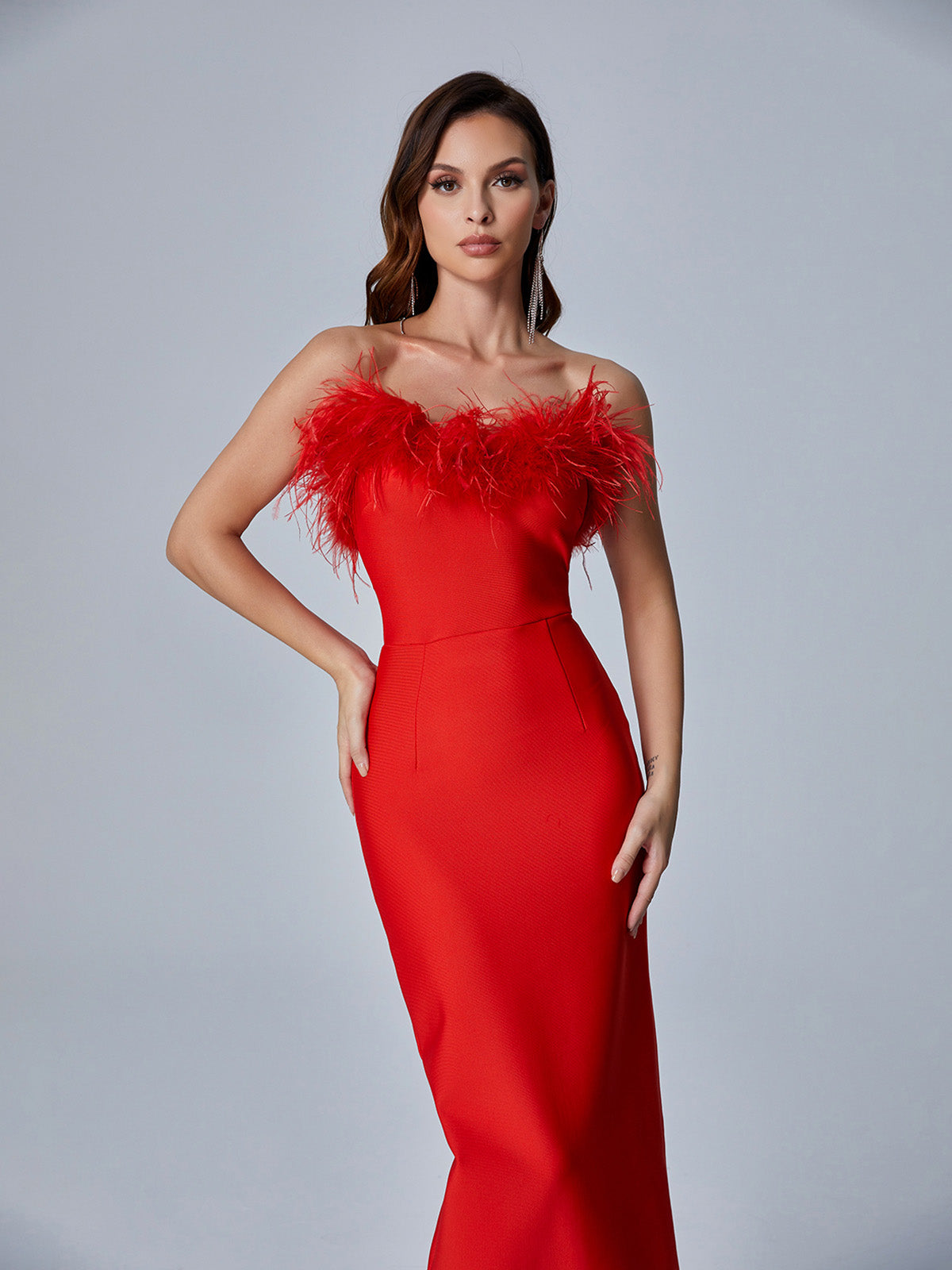 Mina Strapless Feather Trimmed Bandage Dress In Red