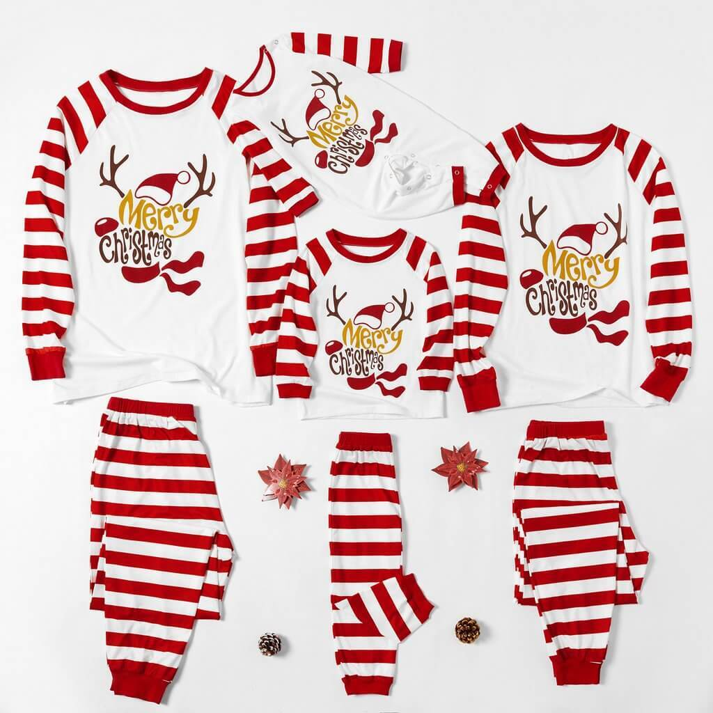 Family Matching Merry Christmas Print Striped Pajamas Sets
