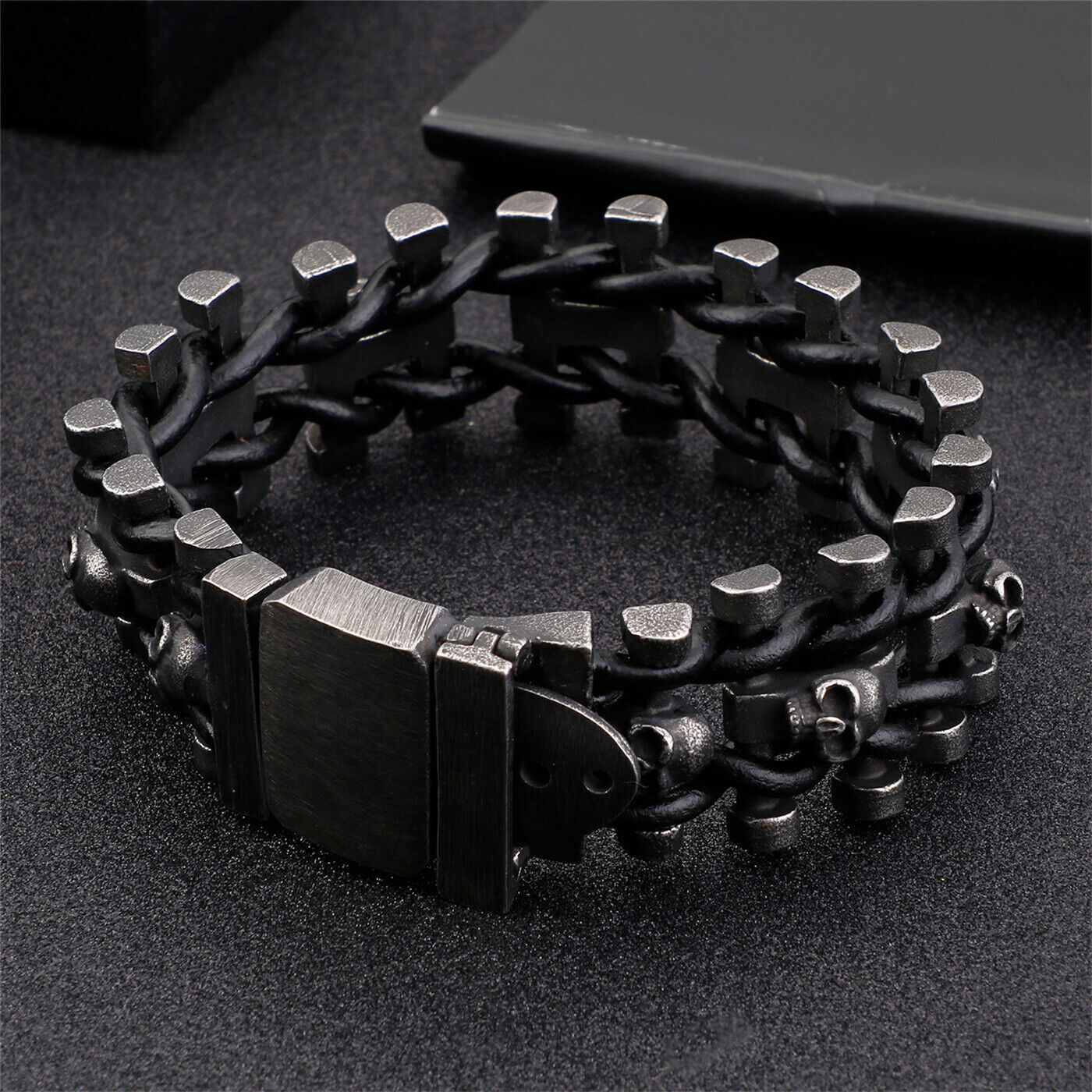 Premium Men's Stainless Steel & Leather Skull Biker Bracelet