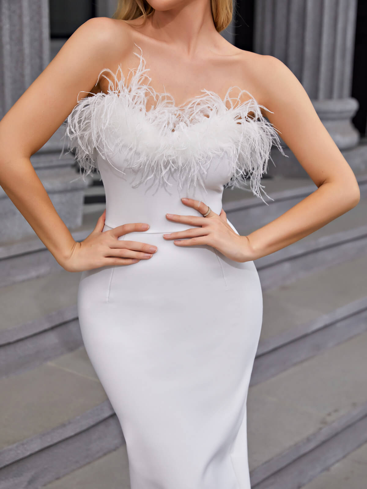 Mina Strapless Feather Trimmed Bandage Dress In White