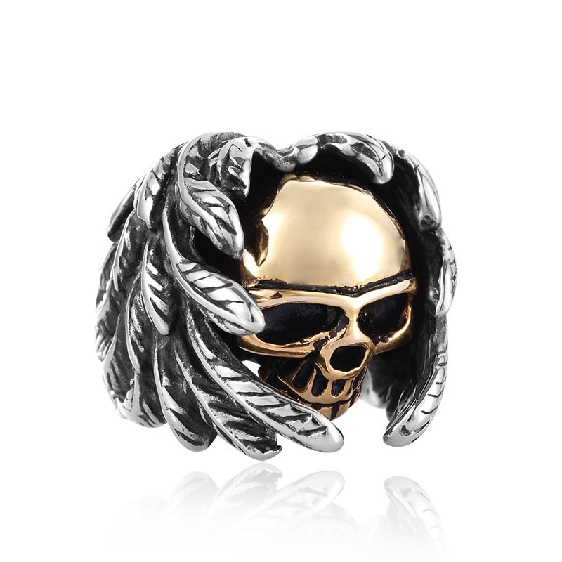 Titanium steel electric gold feather skull ring