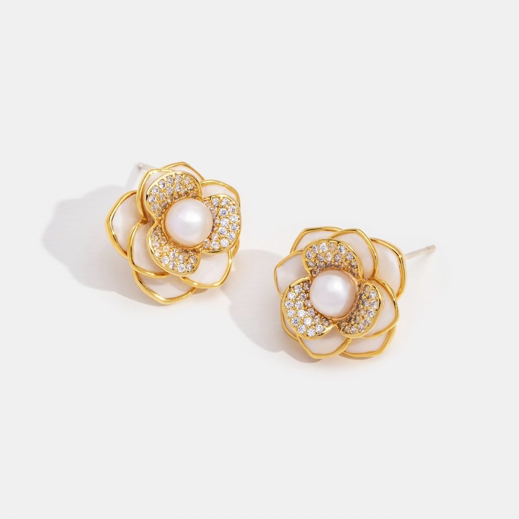 Camelia Flower Pearl Earrings
