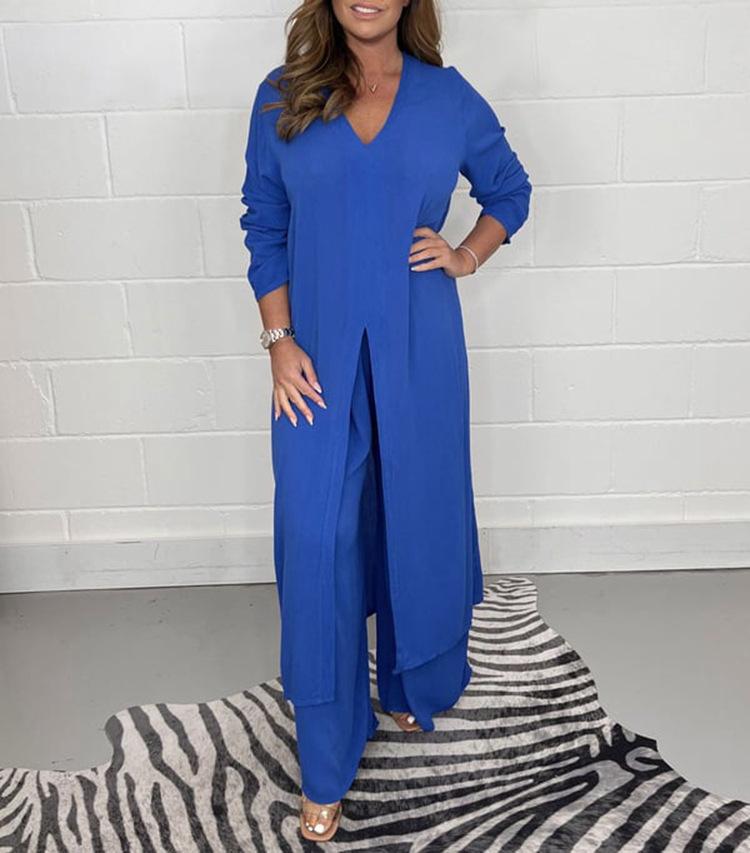 All-Match Slim Look Casual Long Top And Matching Trousers Two-Piece Suit