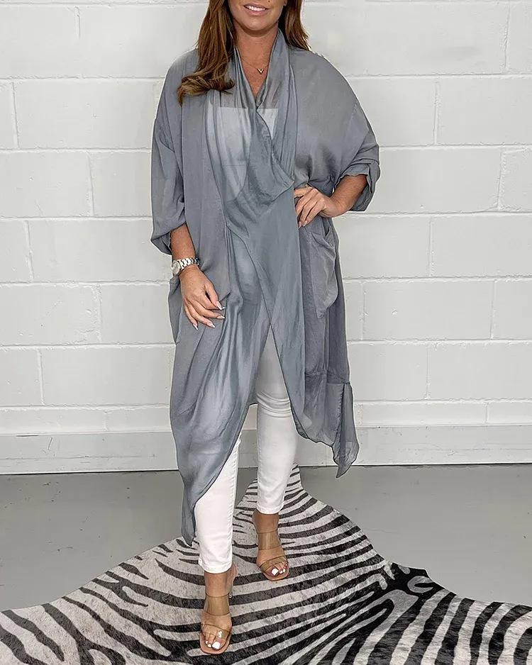 Fashionable All-Match Slim Silk Loose V-Neck Design Solid Color Top