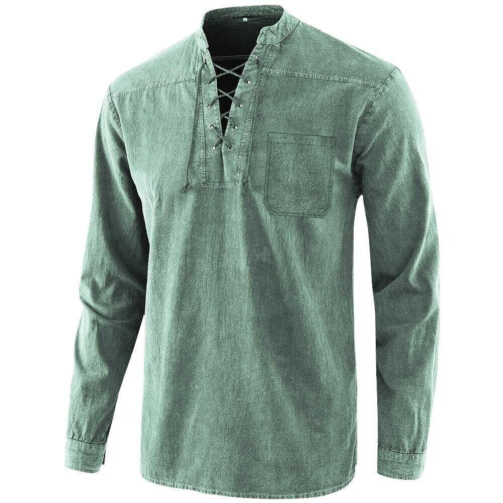 2022 Men's Retro T-shirt Pocket Tie V-neck Denim Long Sleeve T-Shirt Loose Top