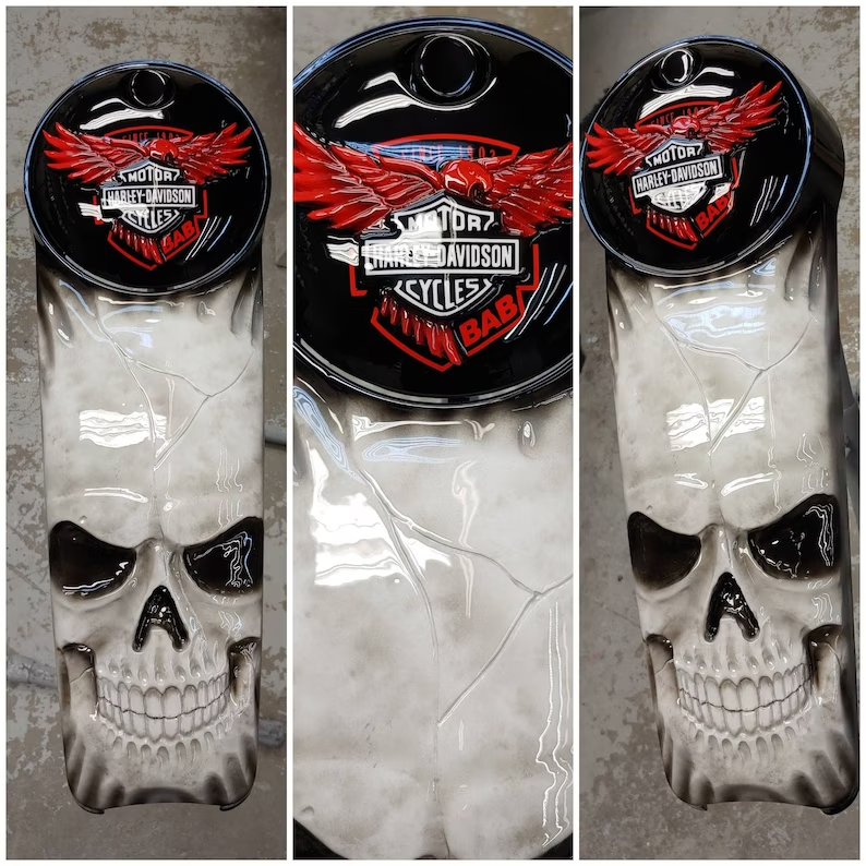 3D eagle and skull stretching through Harley Davidson fuel console