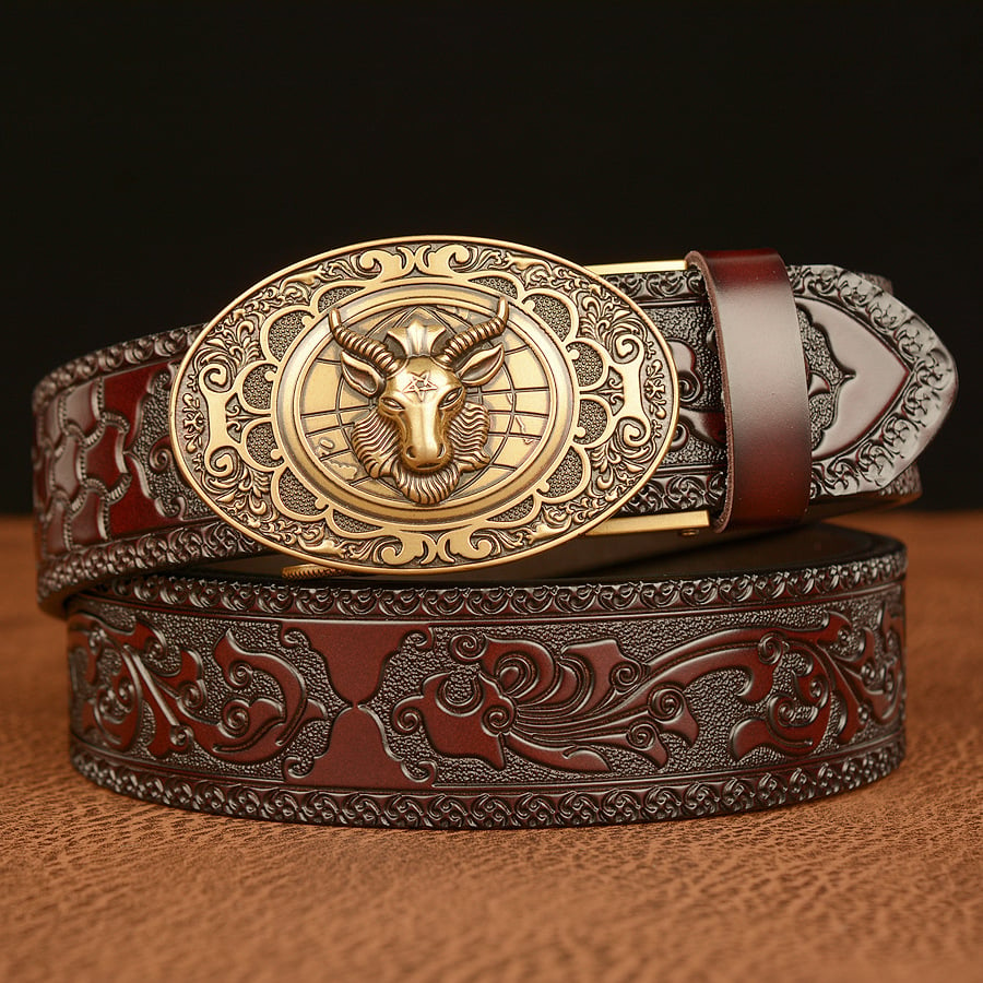 Antique Goat Waist Buckle Cowboy Leather 3D Manual Engraved Belt