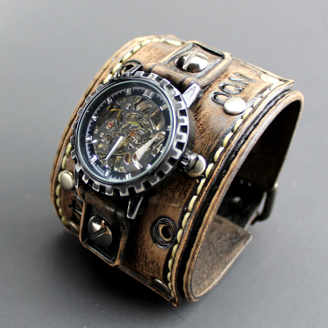 Men's Wide Leather Cuff Wrist Watch