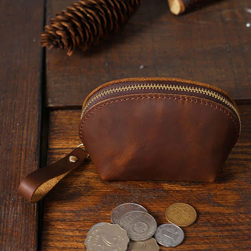 Retro Genuine Leather Coin Purse Pouch Change Purse with Zipper