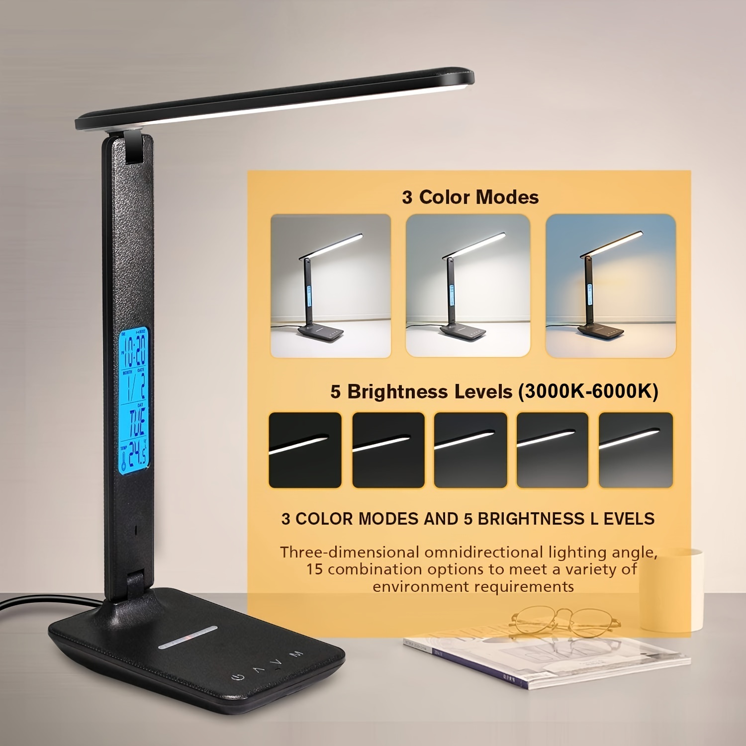 1pc OTHAI LED Desk Lamp, Office Table Lamp With Wireless Charger, Suitable For Home, Office Dimmable Desk Lamp, With USB Charging Port, Built-in Clock, Calendar, Thermometer And Reading Desk Lamp