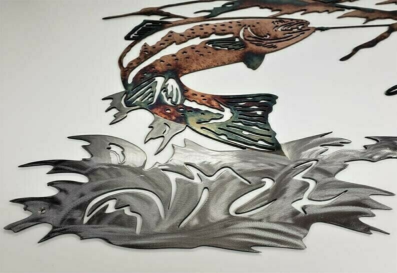 Solo Mallard Hunting & Trout Fishing Scene Metal Wall Art