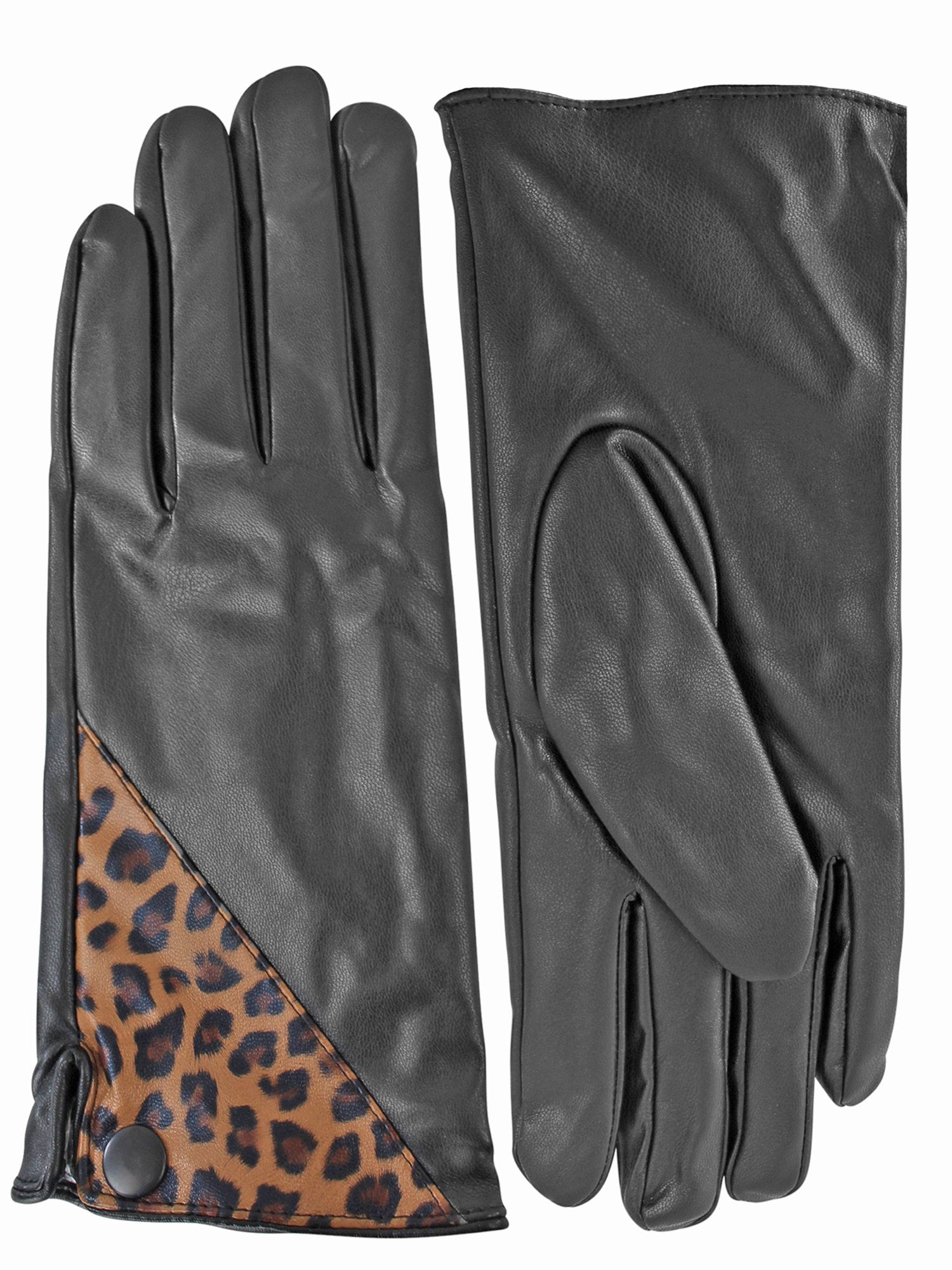 Black Vegan Leather Gloves With Leopard Print Accent