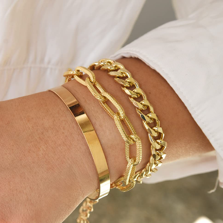 Retro 3 Tier Chain Bracelet - Stacking Delicate Chunky Link Chain Bracelet