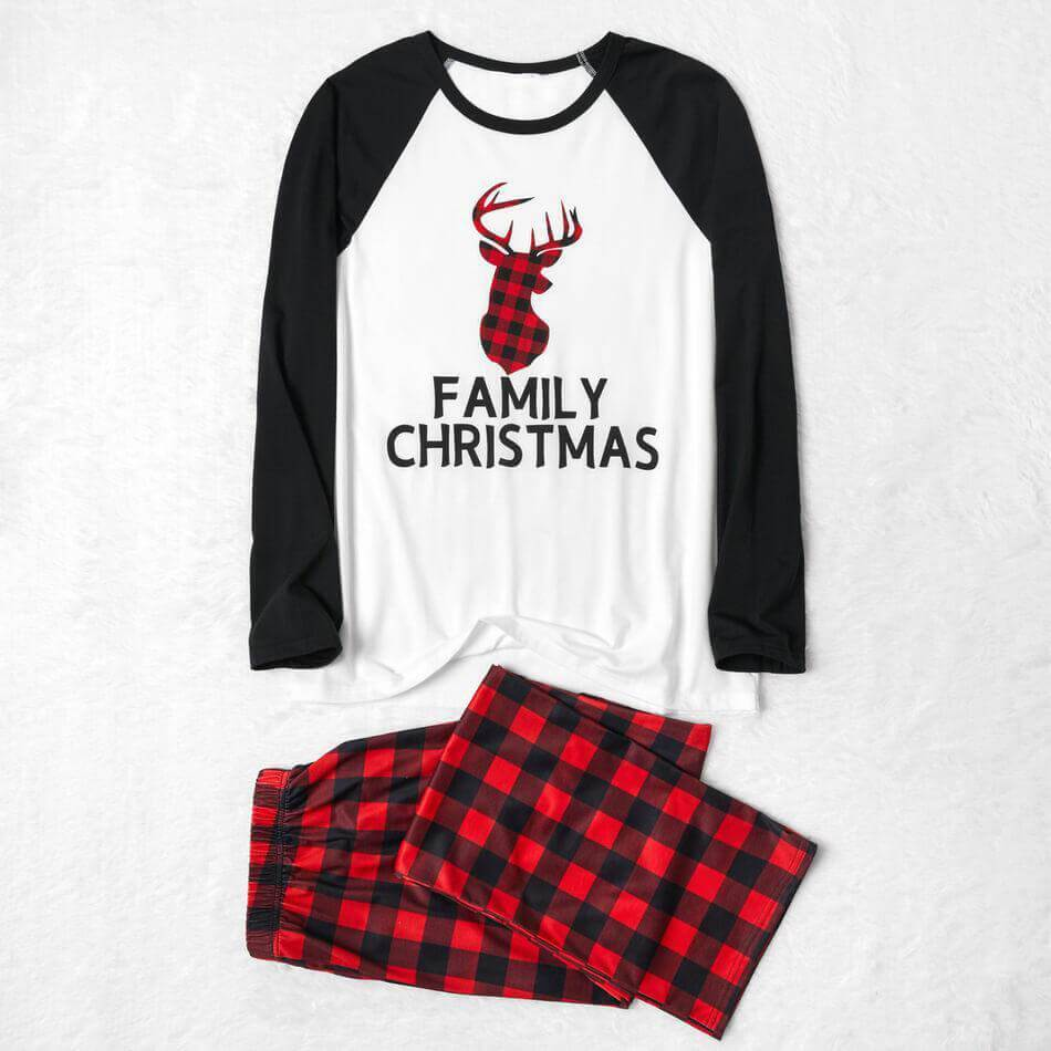 Family Matching Christmas Letter Print Buffalo Plaid Reindeer Pajamas Sets