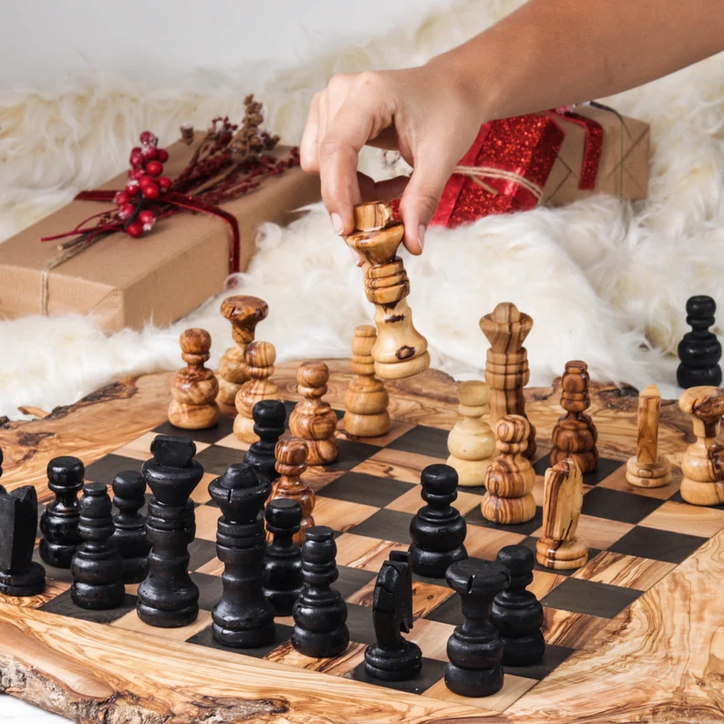 Rustic Chess Set with Rough Edges handmade from Olive Wood | Wooden Chess Board | Gifts for Him