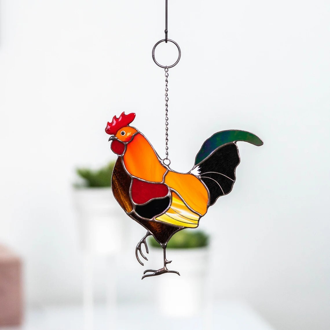 Rooster stained glass window hangings