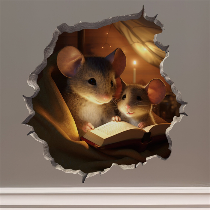 Parent and Child Mice Reading - Mouse Hole 3D Wall Sticker
