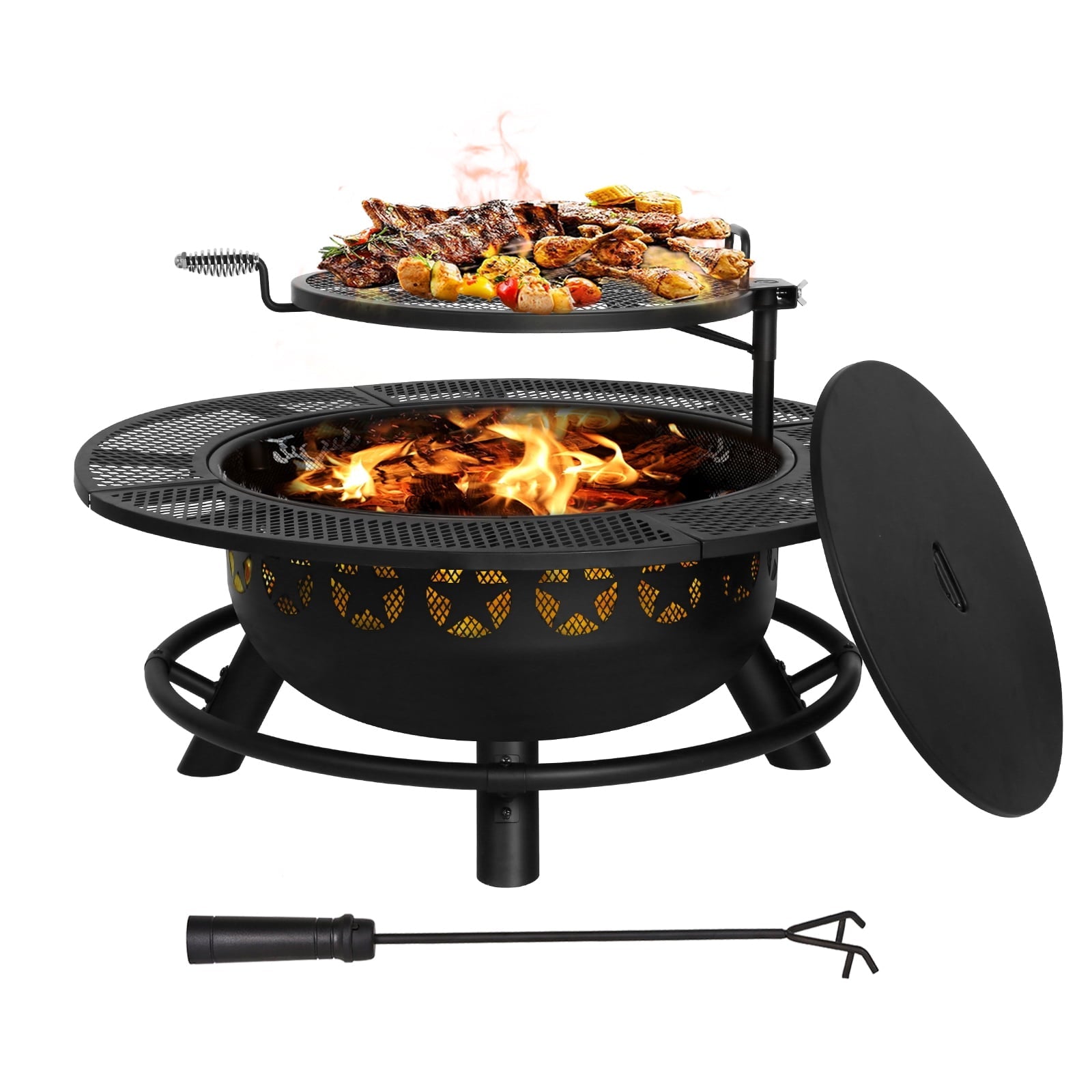 Hykolity 35 Inch Fire Pit with Cooking Grate & Charcoal Pan, Outdoor Wood Burning BBQ Grill
