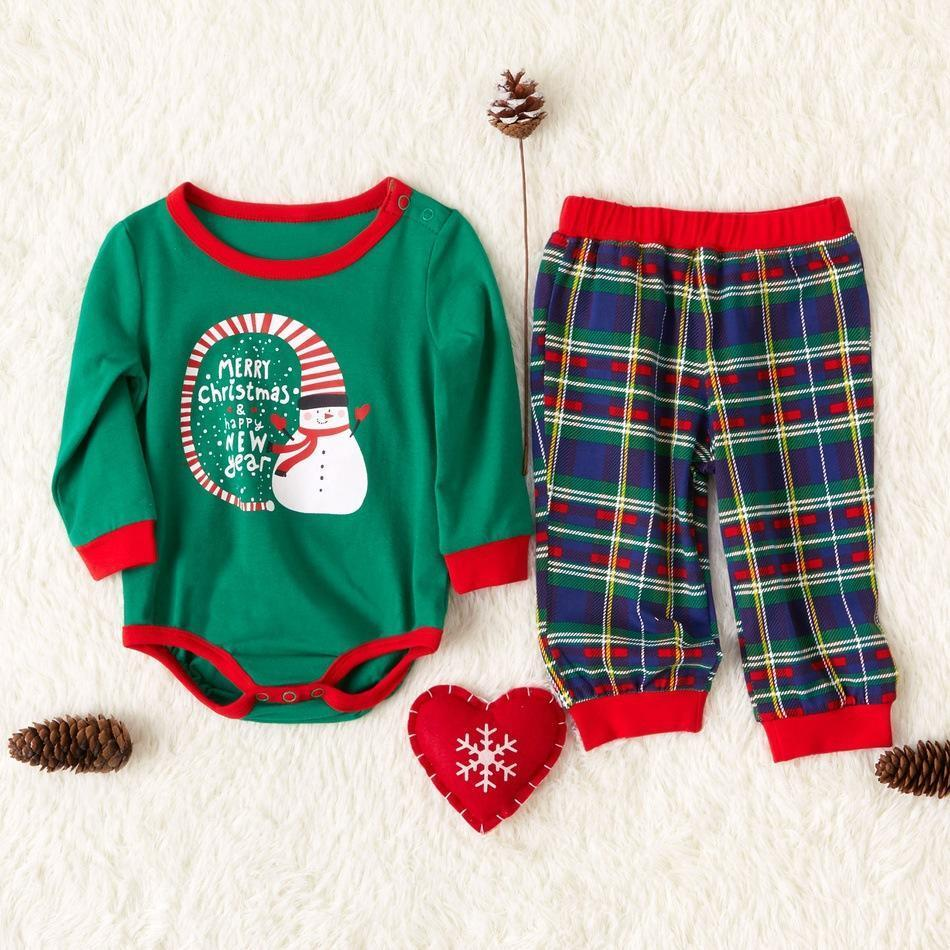 Family Matching Santa Top and Plaid Pants Christmas Pajamas Set