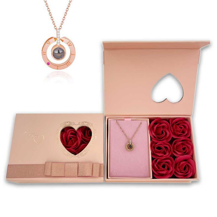 Half Dozen Mini Roses Jewelry Box with Love Necklace Set