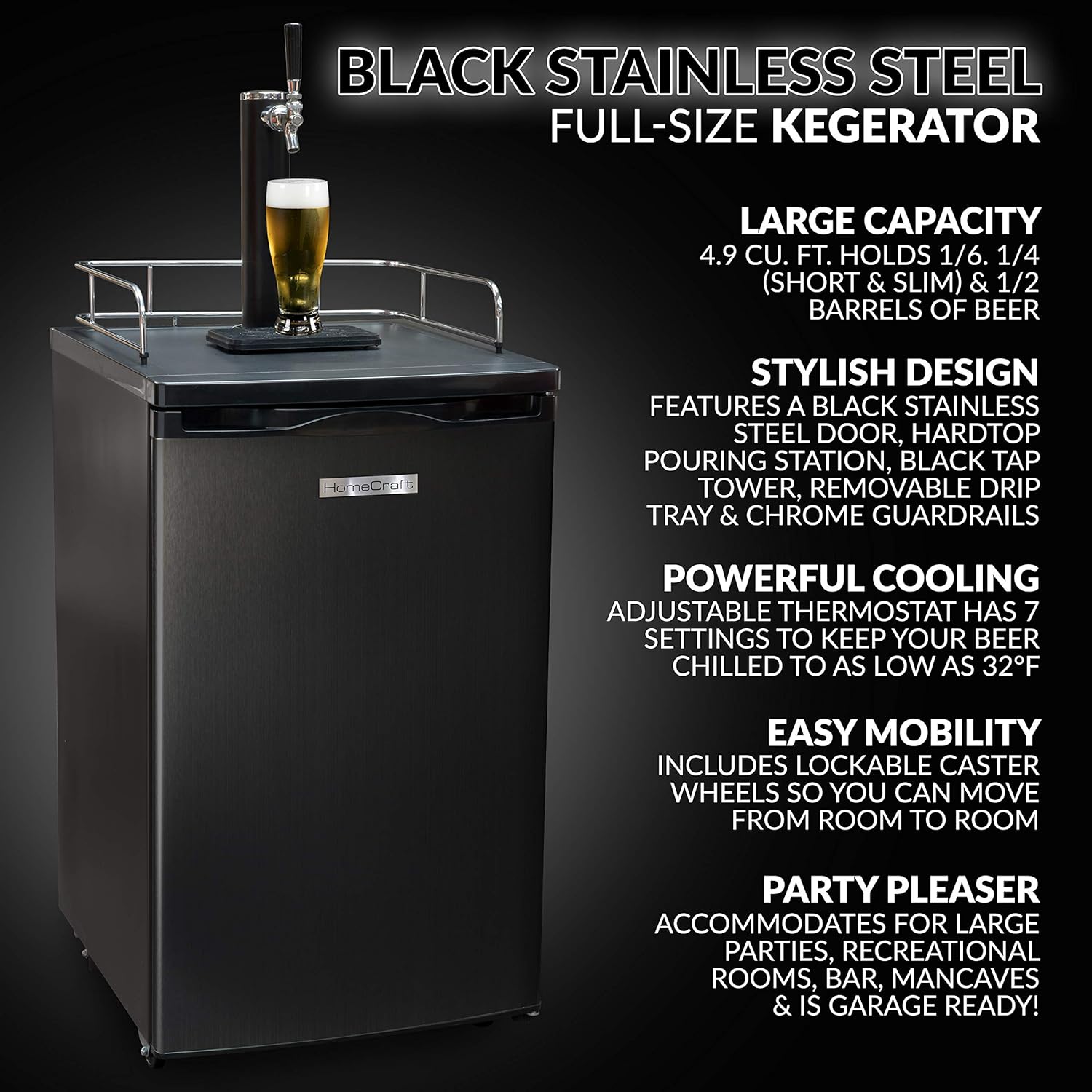 HomeCraft Black Stainless Steel Full Size Kegerator Draft Beer Dispenser Beer Cooler