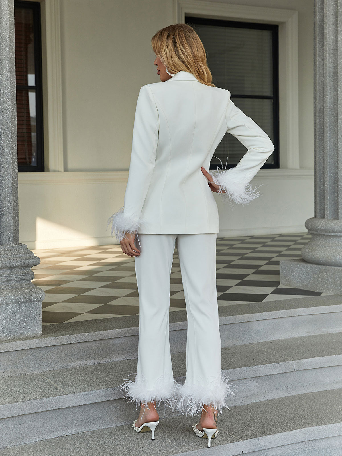 Alaina Feather Blazer Set In White