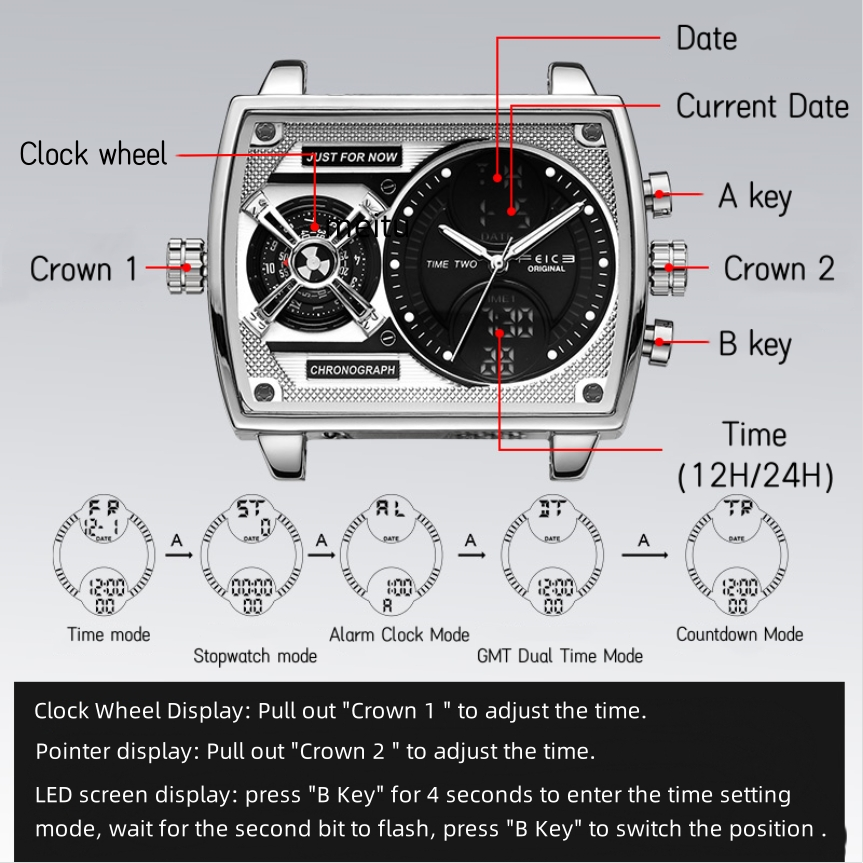 Feice FK814 Ark II Starship Concept Trendy Multi-functional Square Large Dial Watch Fashional Digital & Analog Quartz Watch