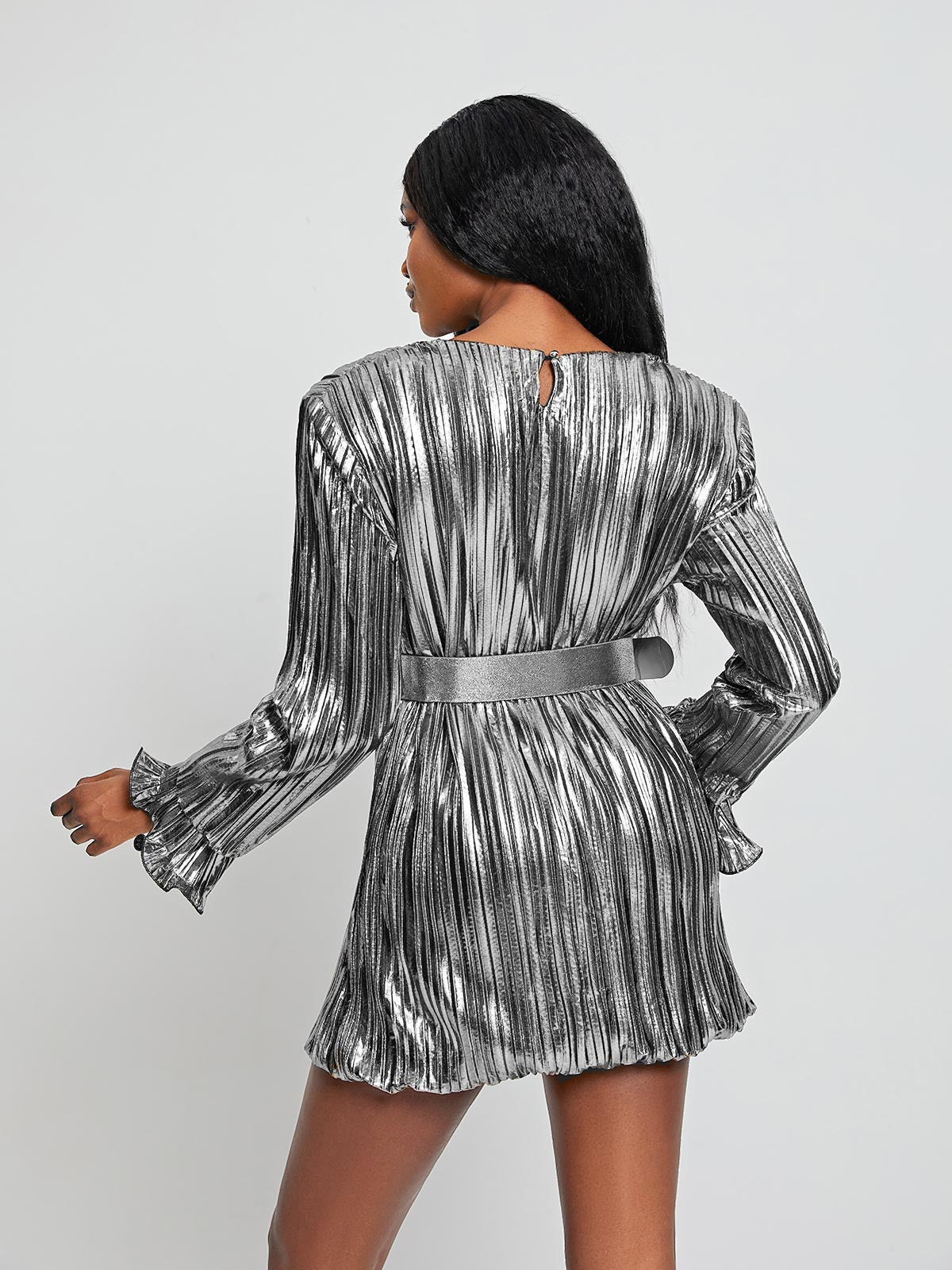 Cerelia Long Sleeve Buckled Mini Dress In Silver