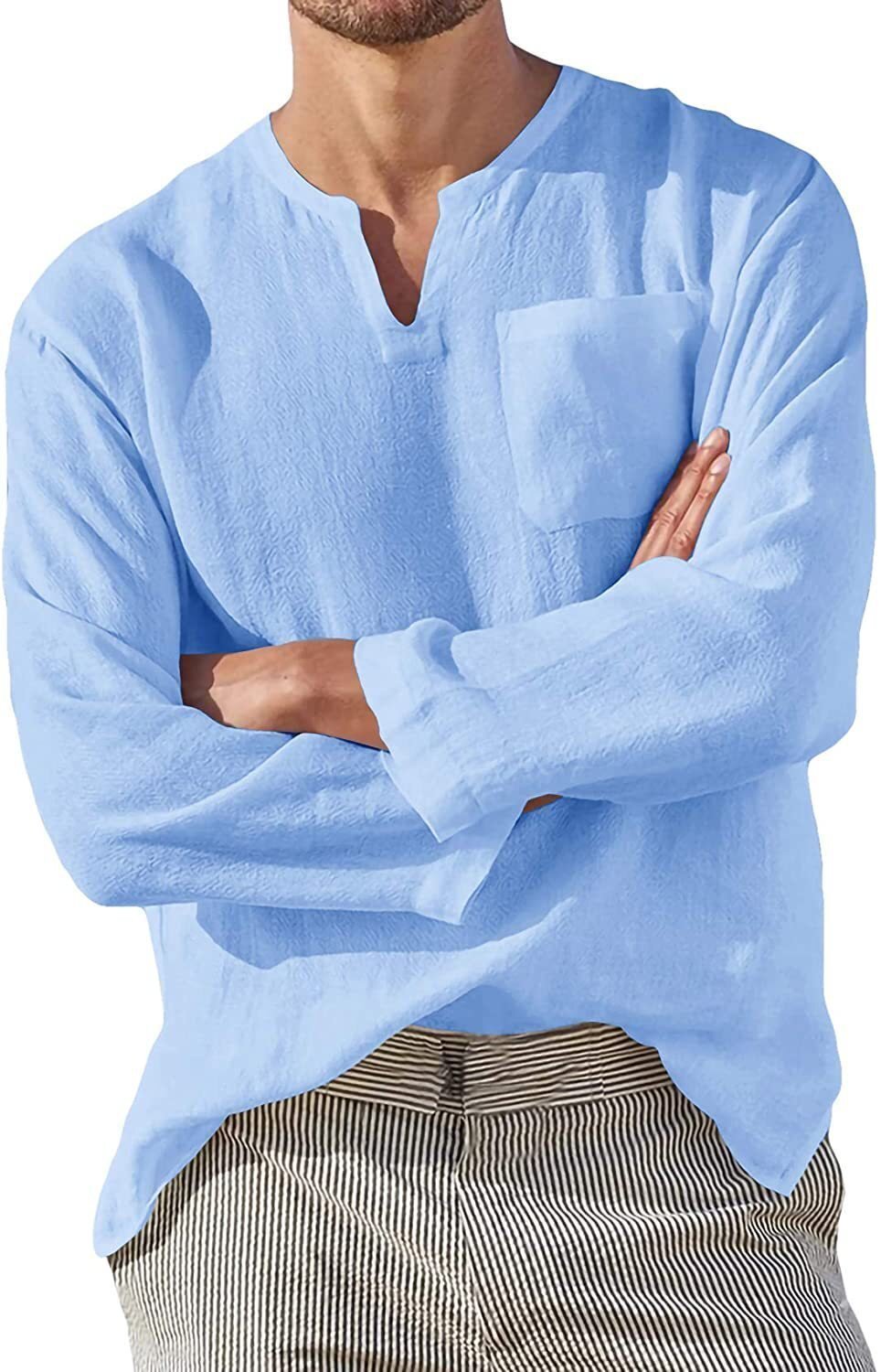 Men's casual long sleeve V-neck solid color loose vacation beach Linen Shirt