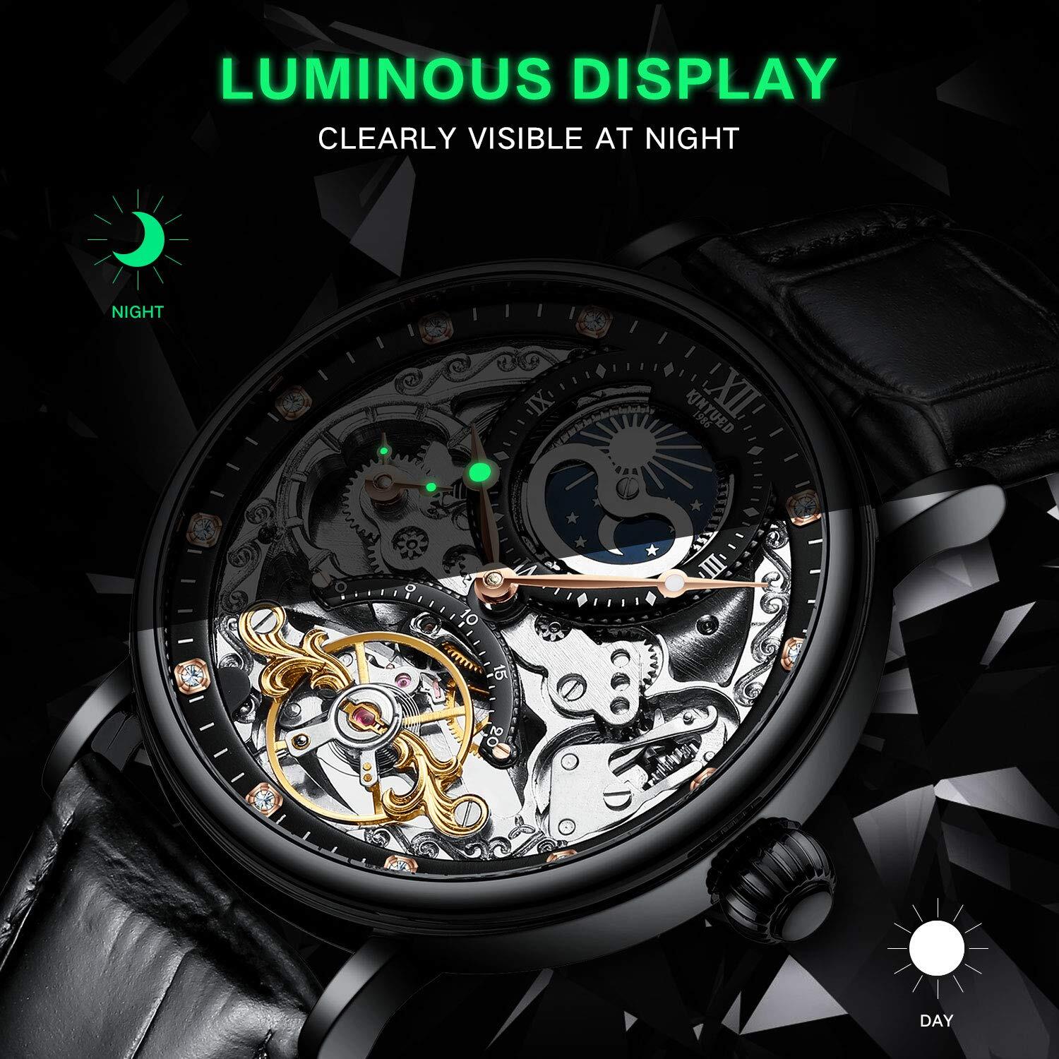 Mens Luxury Skeleton Automatic Mechanical Wrist Watches Leather Moon Phrase Luminous Hands Self-Wind Watch
